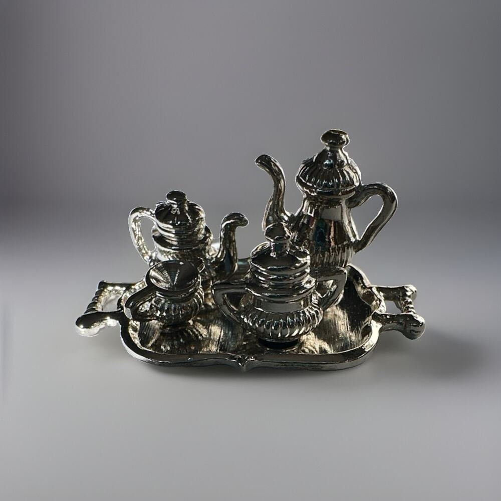 1:12 Dollhouse Miniature Traditional Silver Tea Coffee Set Dining 5 Pieces EUC - Picture 7 of 7